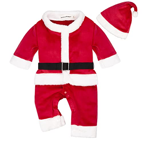 BIG ELEPHANT Unisex Baby 1 Piece Warm Christmas Long Sleeve Romper Pajama with Hat 6-12 Months, Red