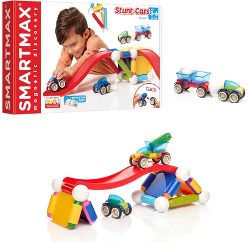 SmartMax Stunt Cars (Basic Stunt) STEM Magnetic Discovery Building Set with Moving Vehicles Featuring Safe, Extra-Strong, Oversized Building Pieces for Ages 3+