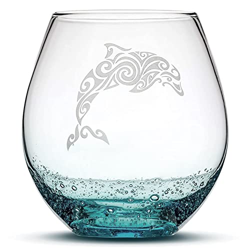 Integrity Bottles Tribal Dolphin Design Stemless Wine Glass, Handmade, Handblown, Hand Etched Gifts, Sand Carved, 18oz (Bubbly Teal)