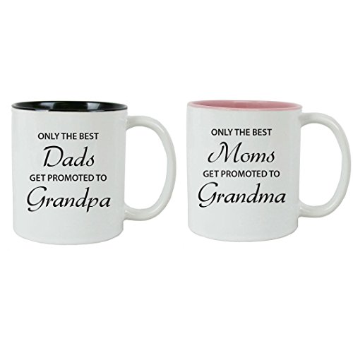 CustomGiftsNow Only the Best Dads/Moms Get Promoted to Grandpa/Grandma White 11-Ounce Ceramic Coffee Mug Set, (Black,Pink)