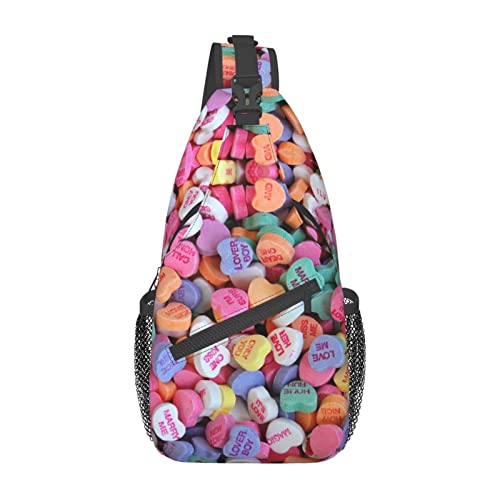 MANQINF Valentine's Day Hearts Print Sling Backpack, Multipurpose Candy Hearts Crossbody Shoulder Bag Travel Hiking Daypack