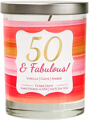 50th Birthday Candles Gifts for Women, Happy Birthday Candle, Vanilla, Clove, Amber Scented 100% Soy, 10 Oz. Jar Candle, Happy Birthday Gifts for friends, female, 50th Birthday Gifts for Women, BFF
