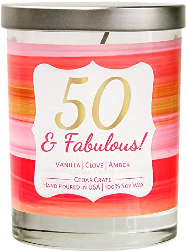 50th Birthday Candles Gifts for Women, Happy Birthday Candle, Vanilla, Clove, Amber Scented 100% Soy, 10 Oz. Jar Candle, Happy Birthday Gifts for Friends, Female, 50th Birthday Gifts for Women, BFF