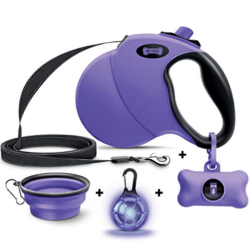 Ruff 'N Ruffus 360° Tangle-Free 16 ft Retractable Dog Leash For Pets Up To 110 lbs + FREE Travel Bowl + FREE Waste Bag Dispenser & 15 Bags + FREE LED Charm | Reflective Tape Easy Lock Anti Slip Handle