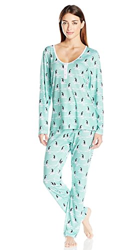BHPJ by BedHead Pajamas Women's Long Sleeve Faux Button Henley Pajama Set, Snow Penguin, Small