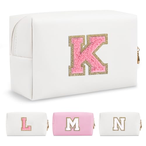 Personalized Makeup Bag Initial A-Z Preppy Patch Bag,Small PU Leather Travel Cosmetic Bag Pouch with Zipper,White Cute Toiletry Bag,Gift Ideal for Teen Girls Women Birthday Friend Mom,Letter K