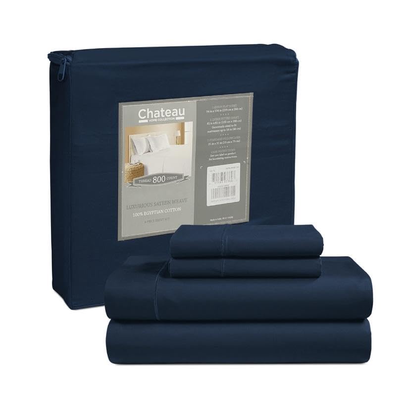 CHATEAU HOME COLLECTION Queen Sheets, Bedding Sheets & Pillowcases, 100% Egyptian Cotton Sheets Queen Size, 800 Thread Count 4 Piece Sheet Set, Hotel Bed Sheets for Women, Bed Sheets - Dark Denim