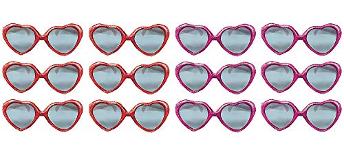 Valentine Heart Glitter Pink Plastic Sunglasses | 12 Pcs