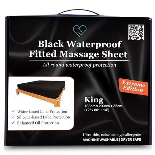 Black Massage Fitted Sheet King Extreme, 72' x 80' + 14' (183 cm x 203 cm + 35 cm) - Waterproof Mattress Cover for Massage - Oil, Water-Based, Silicone Safe, Waterproof Massage Sheet