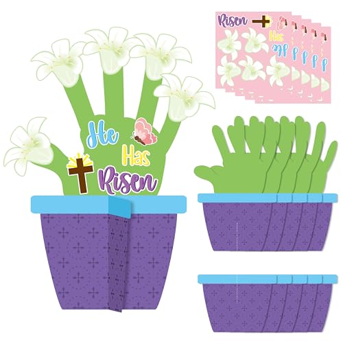 WATINC 24 Pack Easter Jesus He is Risen Handprint Flower Craft Kit, Make Your Own Religious Lily Cross Decorations, DIY Christian Flower Pot Gift Sunday School Classroom Home Party Activities for Kids