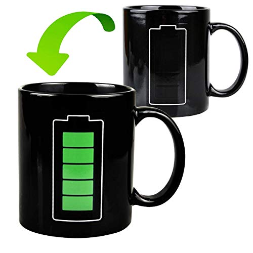 Nofinis Heat Changing Sensitive Mug - Cool Coffee & Tea Magic Color Change Cup Battery Meter Charging Design Ceramic Mug Gift Idea for Mom Dad Women & Men