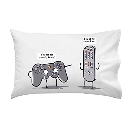 Hat Shark Controlling Funny Video Game Controller & TV Remote Arguing - Pillow Case Single Pillowcase - Gifts For Him, For Her, For Boys, For Girls, For Husband, For Wife, For Them, For Men, For Women