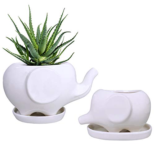 Kawaii Animals Ceramic Flower Pot 2 Styles Elephant Succulent Planter Cactus Succulent Plants Flower Cute White Pot (2 Elephants)