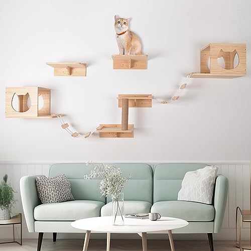 KKHAN Cat Wall Shelves, Cat Shelves and Perches for Wall, Floating Cat Wood Climb Furniture, Cat Wall-Mounted Playing Climber, 2 Cat Houses & 4 Cat Shelves & 2 Ladders & 1 Cat Scratching Post