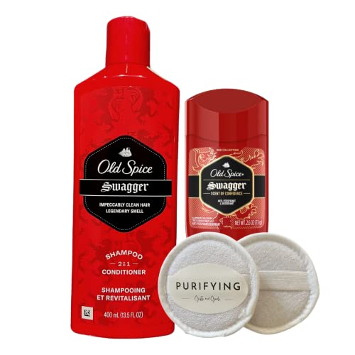 Purifying Gifts & Goods Old Spice Swagger Bundle - Body 2 in 1 Shampoo Conditioner with Deodorant Mens Loofah Sponge | Care Set for Guys Great College, Gym, Travel, Camping, Father's Day, 123456