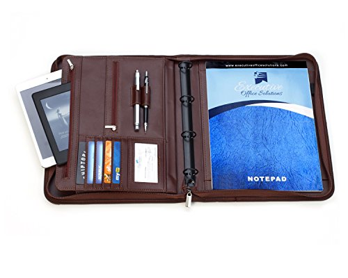 Professional Executive Business Padfolio Portfolio Case - PU Leather Resume & Document Organizer with 4 Ring Binder, 10.1 Inch Tablet Sleeve, Zipper, Premium Paper Pad – Almond Brown