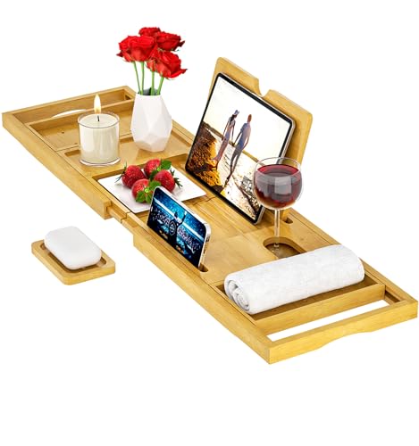 Premium Bathtub Tray Caddy - Bath Tray Bamboo Expandable - Bath Tub Tray Table for Bathtub - Expandable Size, Fits Most Bath Tubs