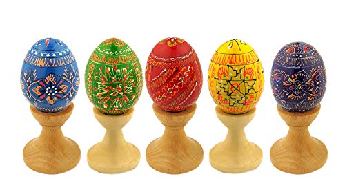 Religious Gifts Set of 5 Ukrainian Wooden Easter Eggs Pysanky on Stands Red Yellow Green Blue Purple 3 1/2 Inch