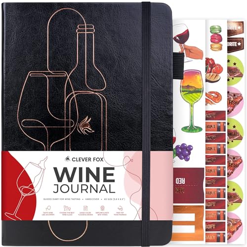 Clever Fox Wine Journal for Wine Tasting – Guided Wine Diary & Log Book with Tasting Instructions, Aroma Wheel, Food Pairing & Glass Guide – 132 Entries, Hardcover, A5 Size (Black)