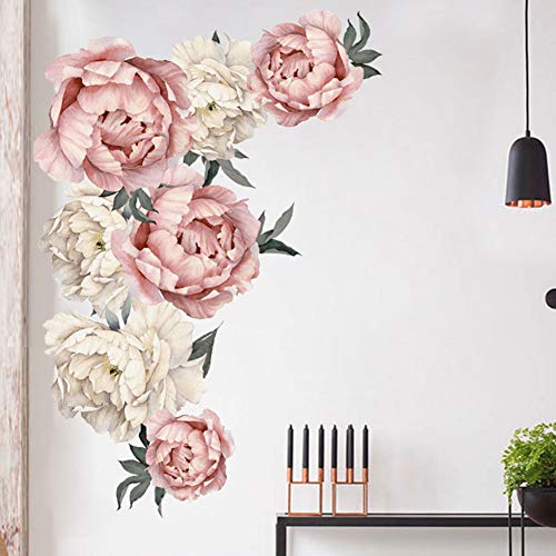 Flowers Wall Decals Floral Wall Stickers Peel and Stick Pink Peonies Wall Murals Rose Flower Wall Decor for Bedroom Girls Room Living Room Nursery