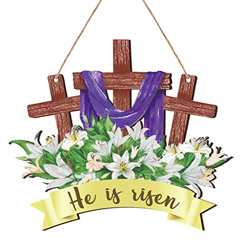He Is Risen Door Sign Religious Easter Cross Decor Hanging He Is Risen Easter Decorations Wooden Jesus Hanger for Farmhouse Home Front Door Porch Wall Spring Decor Christian Gift