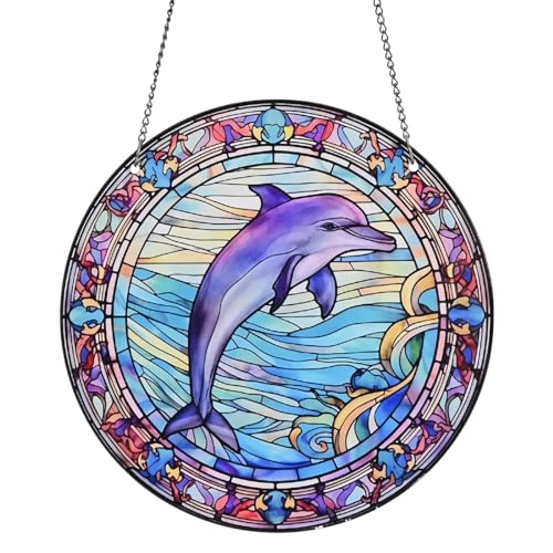 Dolphin Suncatchers Ornaments - Stained Acrylic Suncatcher Hanging Decoration with Metal Chain - SunCatcher for Window Decor Outdoor Garden Decor Gift for Women