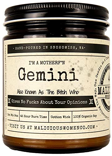 Malicious Women Candle Co - Gemini The Zodiac Bitch - Gives No Fucks About Your Opinion, Exotic Hemp (Cannabis Flower & Patchouli), All-Natural Organic Soy Candle, 9 oz