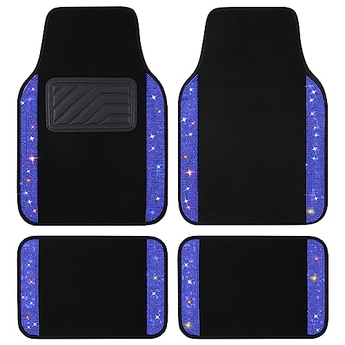 VarCozy Shining Rhinestones Floor Mats for Cars, Sparkly Glitter Crystal Car Floor Mats with Anti-Slip Heel Pad for Women, 4pcs Bling Diamond Universal Automotive Floor Mats for SUV,Sedan,Car, Blue