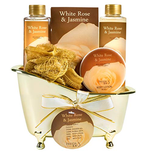 White Rose Jasmine Spa Set For Women in Elegant Gold Tub Includes Shower Gel, Bubble Bath, Body Lotion, Jasmine Bath Salt, Pouf, Award Winning Bath Body Set