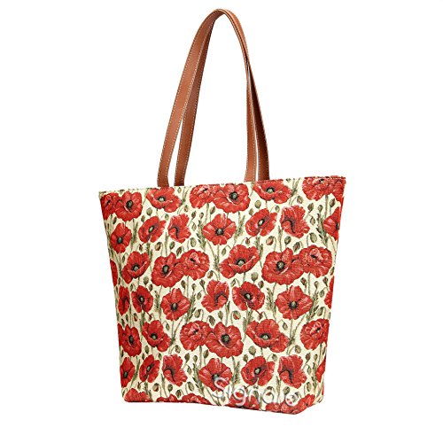 Signare Tapestry Shoulder Bag Tote Bag for Women with Poppy Flower Design (SHOU-POP)