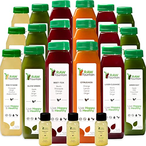3 Day Juice Cleanse by Raw Fountain, All Natural Raw Detox Cleanse, Liquid Juice Diet, Cold Pressed Fruit and Vegetable Juices, Tasty and Energizing, 18 Bottles 12oz, 3 Ginger Shots