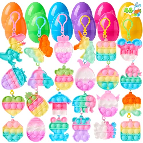 JOYIN 46 Pcs Pre Filled Eggs with Pop Keychains, Colorful Stuffed Easter Eggs with 23 Pop Fillers for Easter Egg Hunt, Kids Basket Stuffers, Party Favor Decor Supply, Stress Release, Classroom Prize