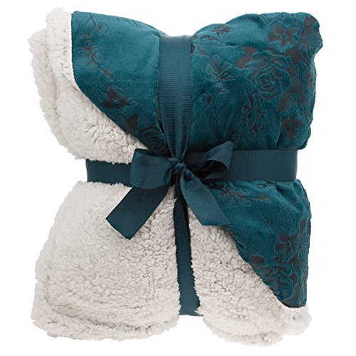 DG Hill Floral Embossed Sherpa Throw Blanket 50' x 60' Reversible Textured Fuzzy Soft Teal