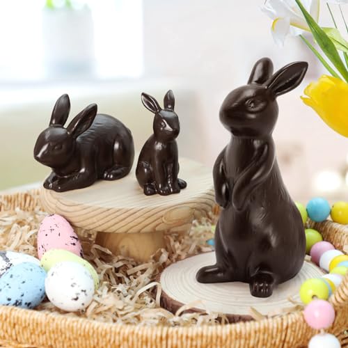 Tuitessine Ceramic Chocolate Easter Bunny Decor Rabbit Figurine Spring Home Decor Tiered Tray Desktop Mantle Shelf Display Easter Ideas Set of 3