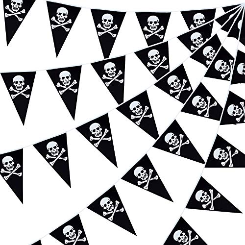 Tatuo 60 Pcs Pirate Banner Skull Pirate Flag Pirate Birthday Party Decorations Jolly Roger Pirate Ship Triangle Pennant Bunting Decor for Wedding Celebration Decor Outdoor Party Supplies