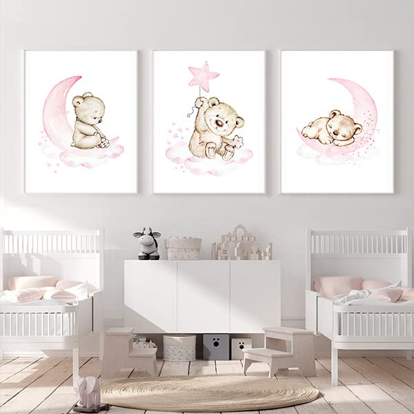 Cartoon Animal Canvas Wall Art Baby Bear Painting Pink Moon Star Cloud Artwork Cute Animal Prints Baby Bear Pictures Cartoon Bear Poster for Girls Children Room Nursery Artwork 12x16inch x3 Unframed