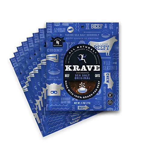 KRAVE All Natural Beef Jerky, Sea Salt - Protein Packed Snacks Roasted for Maximum Flavor - 100% Grass Fed Beef - Gluten Free - 2.7 Ounce (Pack of 8)