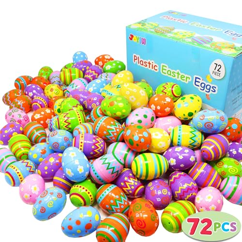 JOYIN 72 Pcs Plastic Printed Bright Easter Eggs 2.3' Tall for Easter Hunt, Basket Stuffers Fillers, Classroom Prize Supplies, Filling Treats and Party Favor