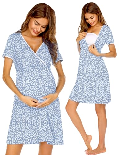 Ekouaer Nursing Nightown Short Sleeve Maternity Breastfeeding Dress Floral Delivery and Labor Gown for Hospital Blue Leopard Medium