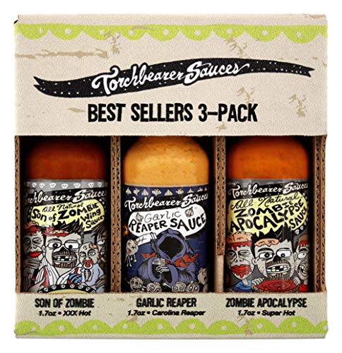 Torchbearer Sauces Best Sellers 3-Pack Mini Hot Sauce Gift Set, 1.7 Oz each - Zombie Apocalypse, Garlic Reaper, Son of Zombie