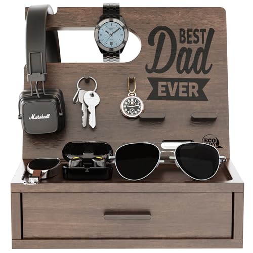 EcoLeafy Dot Best Dad Ever Gifts- Nightstand Organizer for Men- Docking Station for Dad- Personalized Gifts for Men- Phone Organizer Station for Cellphone, Watch, Headphone and Mens Accessories