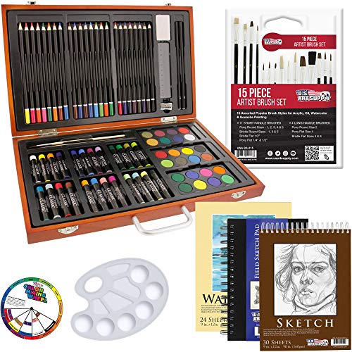 102-Piece Deluxe Wooden Art Supply Set - 24 Watercolors, 17 Brushes, 24 Colored Pencils, Sketch Pads