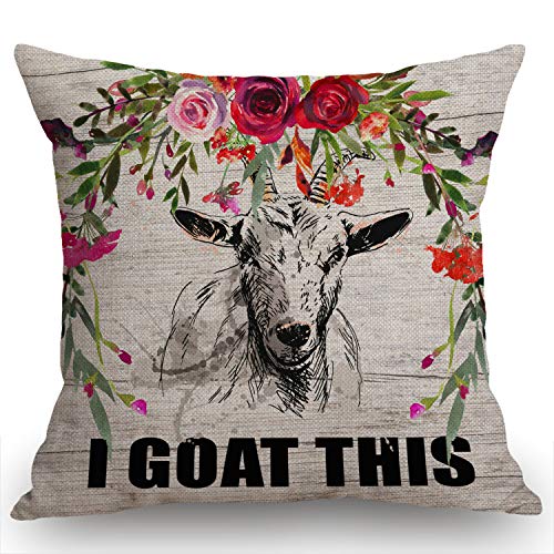 Swono Goat Throw Pillow Cover I Goat This Farmhouse Cushion Case for Sofa Couch 18x18 Inches Cotton Linen