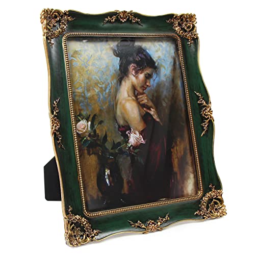 Kilarero 8x10 Inch Vintage Picture Frame, Elegant Antique Photo Frames with Glass Front, Tabletop Wall Hanging, Gift Ideas, Vine Pattern, Photo Display (8x10 inch, Green)
