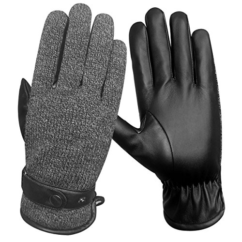 LETHMIK Mens Touchscreen Winter Gloves Acrylic Knit&PU Faux Leather Warm Thick Fleece Lined Grey-L