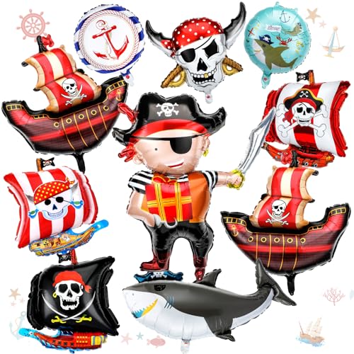 10 Pcs Pirate Ship Foil Balloons Pirate Birthday Party Supplies Pirate Party Decorations Ocean Birthday Decorations Pirate Balloons Pirate Ship Skeleton Shark Balloon for Birthday Party Supplies