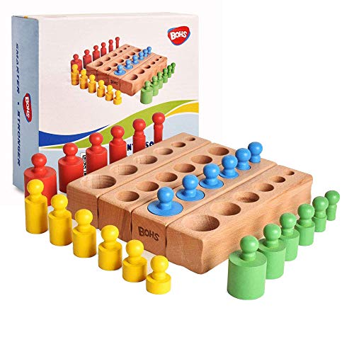 BOHS Montessori Knobbed Cylinders Blocks - 6 Pegs / 6.7 Inches - Colorful Wooden Early Home School Toys - 4pcs Set