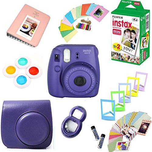 Fujifilm Instax Mini 8 Film Camera + Instax Mini Film (20 Shots) + Protective Camera Case + Selfie Lens + Filters + Frames Decorative Design Kit … (Grape)