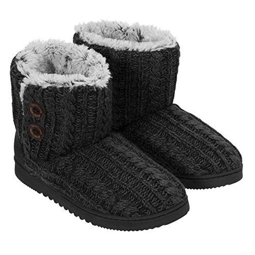 Dearfoams Women's Memory Foam Sweater Knit Indoor/Outdoor Bootie Slippers (Medium / 7-8 B(M) US, Black Marl)