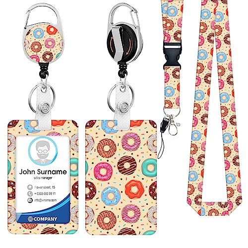 BUDUOZHI ID Badge Holder with Lanyard, Retractable Badge Reel with Swivel Belt Clip, Donuts Breakaway Lanyard Name Card Tag Vertical ID Protector Badge Clip, Nurse Teacher Office Gifts